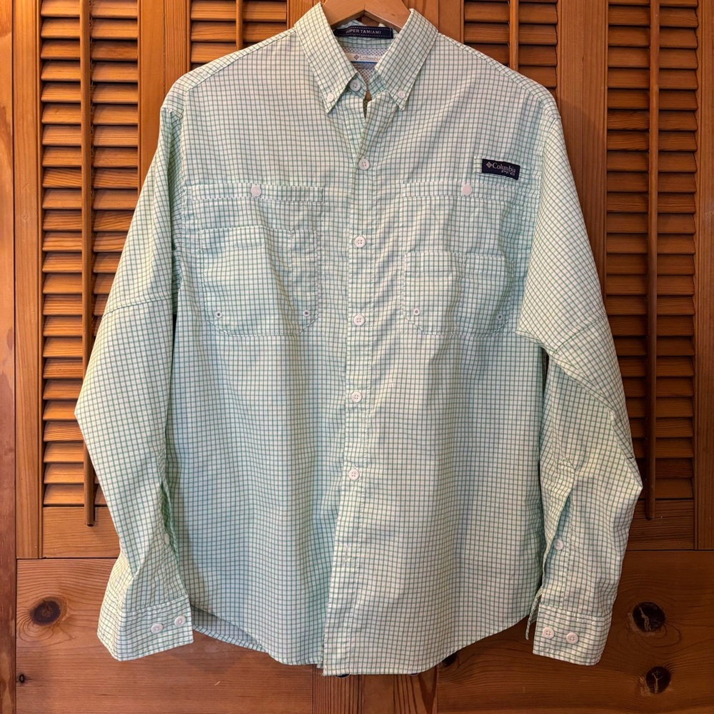 Columbia Men's Light Green Plaid Shirt PFG